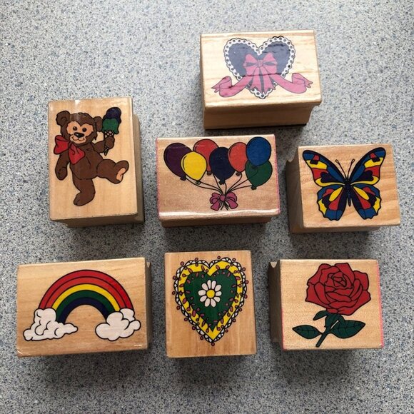 Set of 7 Rubber Stamps Teddy Bear Hearts Rainbow Butterfly Rose Balloons - Picture 1 of 3